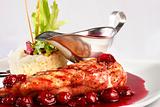 Chicken grill with rice and cherry sauce