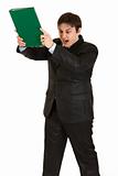 Stressed modern businessman brandishing folder with documents 
