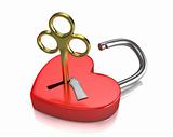 Opened red lock formed as heart with a golden key in a keyhole