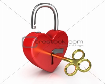 Opened red lock formed as heart with a golden key in a keyhole v