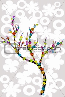 Abstract tree with multicolored flowers