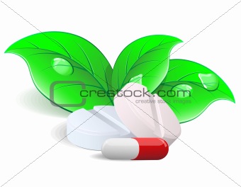 Medicament: two pills and capsules over. Vector.