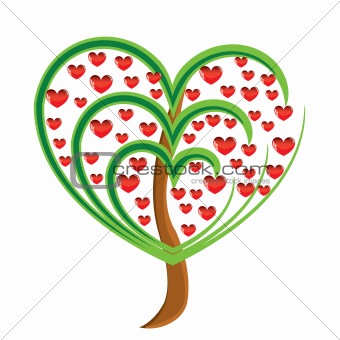 Vector apple tree with red fruits in the form of heart 