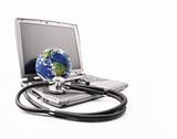 Stethoscope on laptop keyboard with earth on white