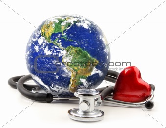 Stethoscope wuth globe on  white
