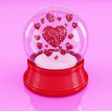 snow globe with hearts on pink background