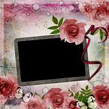 Vintage pink and green background with frame and  roses ( 1 of s