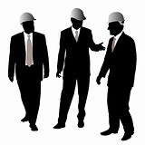 Three businessmen architects or engineers with protective helmet