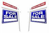 Pair of Blue Foreclosure For Sale Real Estate Signs In Perspective.