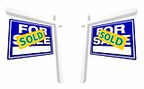 Pair of Blue For Sale Real Estate Signs with Sold in Perspective.