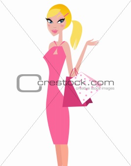 Shopper girl in pink dress carrying shopping bags