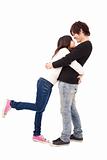 asian couple hugging each other isolated on white background