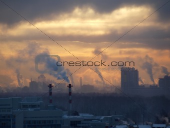 Industrial buildings at sunset