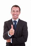 handsome businessman with thumb raised as a sign of success, isolated on white background. studio shot