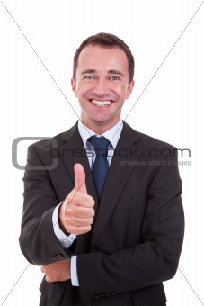 handsome businessman with thumb raised as a sign of success, isolated on white background. studio shot