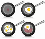 Set of Fried eggs on frying pan. Vector.