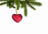 Christmas green branch with red heart on white