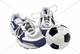 Sport shoes and soccer ball isolated on the white background