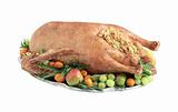 Tasty crispy roast chicken (hen) with vegetables isolated on whi
