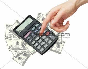 Calculator, dollar banknotes and woman hand isolated on white ba