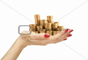 woman handful of coins isolated on white