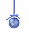 Blue christmas ball with ribbon on white background with copy sp