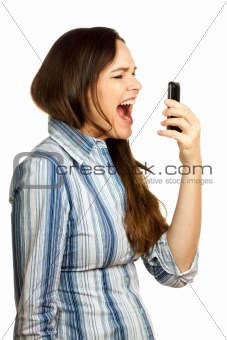 Angry and frustrated  business woman yelling at her phone