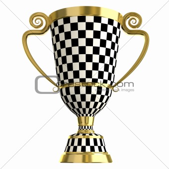 Crossed checkered trophy golden cup, symbols of winning.  Isolated on white