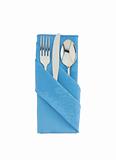 fork ,knife and spoon on blue cloth isolated on white background