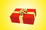 Red christmas present box with gold bow and ribbons over yellow 