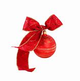 Red christmas-tree decoration ball with red bow isolated on whit