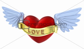 Flying 3D love red heart. Isolated on white.