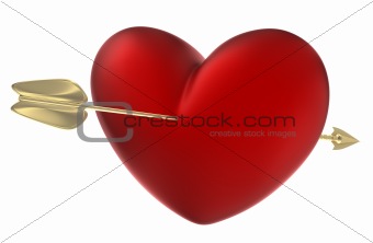 Red heart pierced by arrow.  Isolated on white