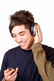 Teenager with headset use mp3 music player