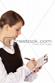 Young attractive woman holds clipboard and smiles