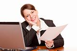 happy  business woman in office holding a contract