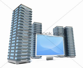 Hosting Server Farm and monitor. Isolated on white