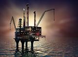 Drilling offshore Platform in night sea. 3D.