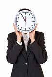 Woman with clock in front of face express stress by time pressure