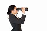 Woman with binoculars searching for business in the future