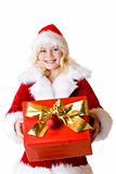Young girl with christmas present smiles happy