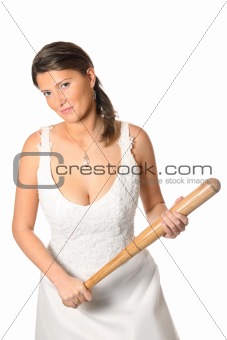 Bride with baseball bat over white background
