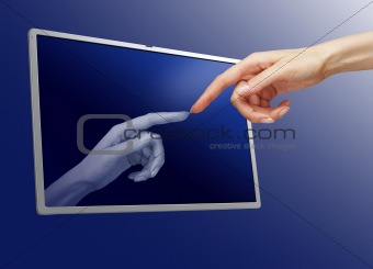 woman hand touching computer monitor
