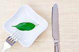 Green leaf on a plate as vegetarian diet