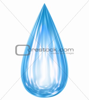 Falling water drop with reflections. Isolated on white