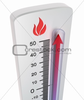 Thermometer : rise of temperature. Isolated on white