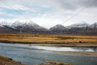 Landscape of snow mountains and stream