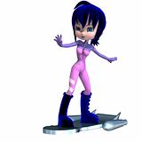 cute cartoon astronaut with blue hair and boots rides a hooverboard