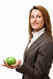 Business woman holding green apple.