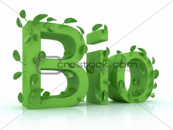 Word bio with leaves on the steams in green color. Isolated on white